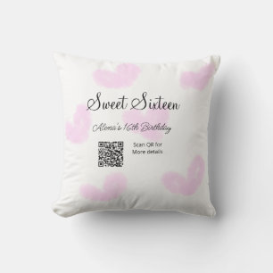 Pink watercolor hearts QR  Sweet sixteen birthday  Cushion