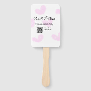 Pink watercolor hearts QR  Sweet sixteen birthday  Hand Fan
