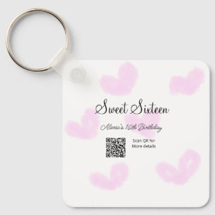 Pink watercolor hearts QR Sweet sixteen birthday Key Ring