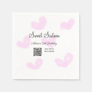Pink watercolor hearts QR  Sweet sixteen birthday  Napkin