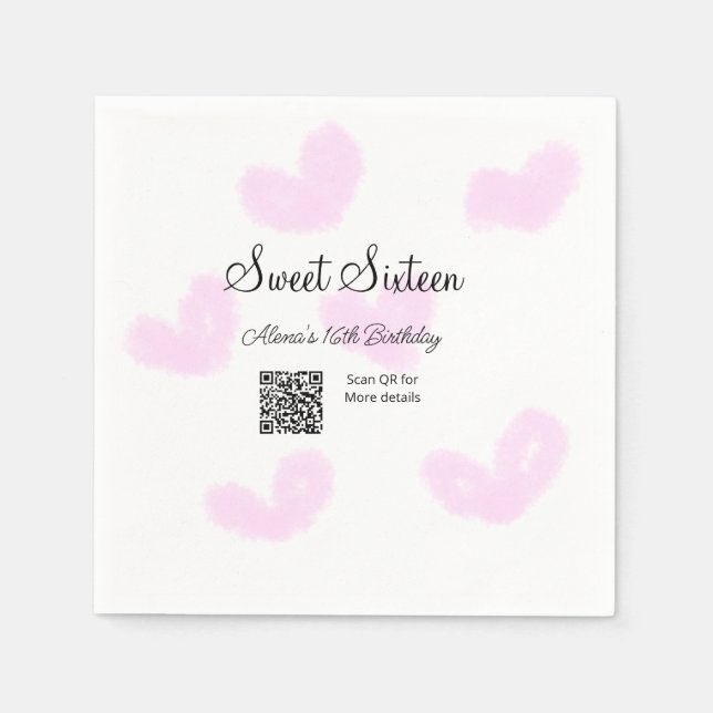 Pink watercolor hearts QR  Sweet sixteen birthday  Napkin (Front)