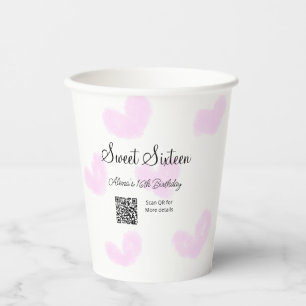 Pink watercolor hearts QR Sweet sixteen birthday Paper Cups
