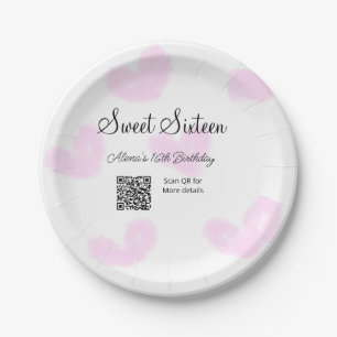 Pink watercolor hearts QR  Sweet sixteen birthday  Paper Plate