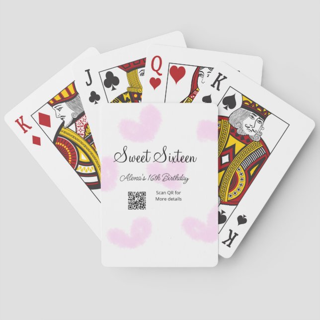 Pink watercolor hearts QR  Sweet sixteen birthday  Playing Cards (Back)