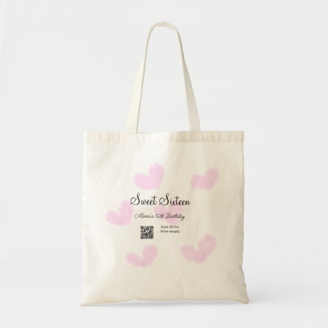 Pink watercolor hearts QR  Sweet sixteen birthday  Tote Bag (Front)