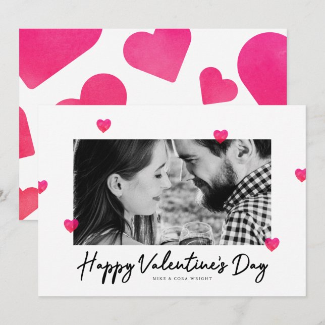 Pink Watercolor Hearts Valentine's Day Photo Card (Front/Back)