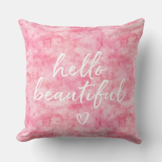Pink Watercolor Hello Beautiful Heart Cushion (Front)