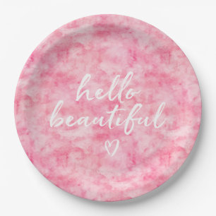 Pink Watercolor Hello Beautiful Heart Paper Plate