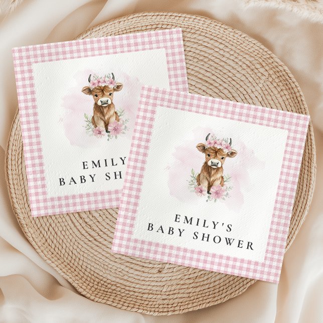 Pink Watercolor Highland Cow Girl Baby Shower Napkin (Creator Uploaded)