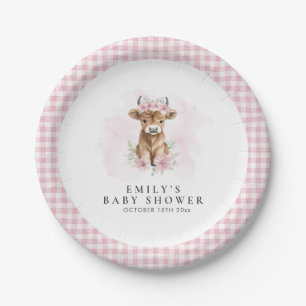 Pink Watercolor Highland Cow Girl Baby Shower Paper Plate