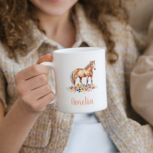 Pink Watercolor Horse Custom Name Floral  Coffee Mug