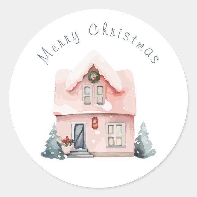 Pink Watercolor House Christmas  Classic Round Sticker (Front)