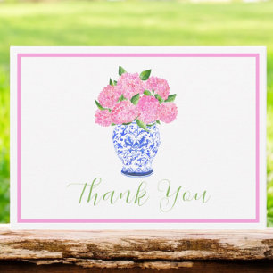 Pink Watercolor Hydrangea Chinoiserie Script Thank Card