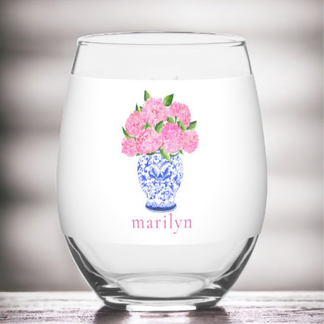 Pink Watercolor Hydrangeas Chinoiserie Custom  Stemless Wine Glass (Creator Uploaded)