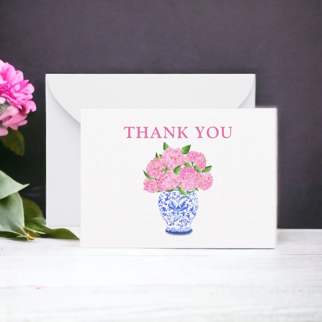 Pink Watercolor Hydrangeas Chinoiserie Thank You Card (Creator Uploaded)