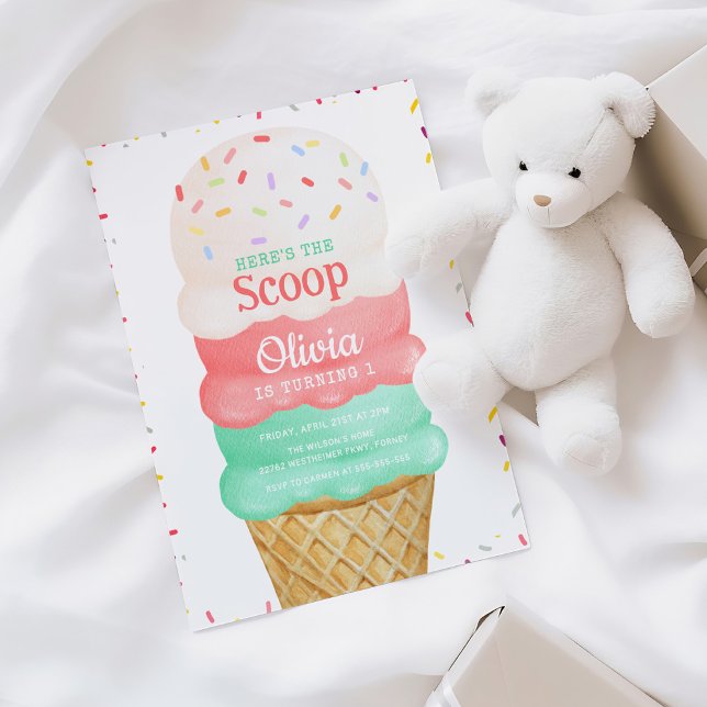 Pink Watercolor Ice Cream 1st Birthday Invitation (Creator Uploaded)