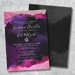 Pink Watercolor Jewish Bat Mitzvah Invitation<br><div class="desc">This elegant Bat Mitzvah invitation features a black background with faux pink and purple watercolor or alcohol ink framing the top and bottom. A mix of shades of pink from a light pink to a hot pink. The design showcases a mix of script typography and classic serif fonts, creating a...</div>