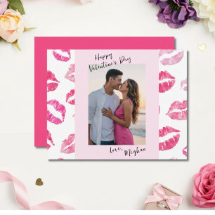 Pink Watercolor Kiss Photo Valentine's Day Card