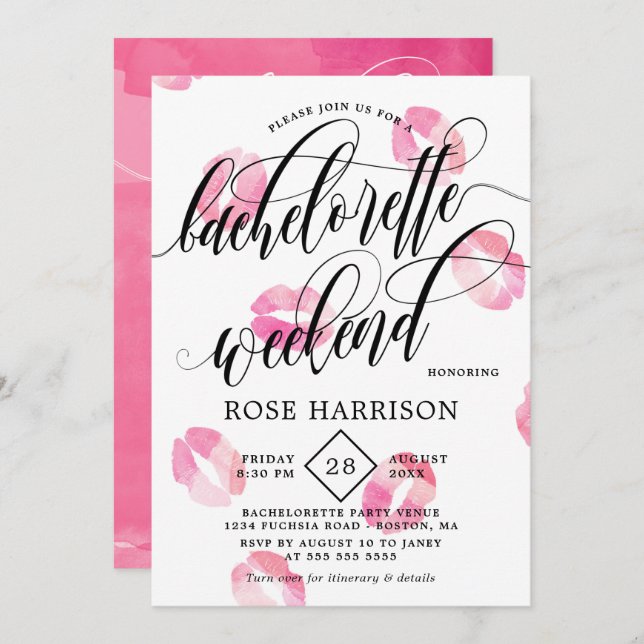 Pink Watercolor Kisses Bachelorette Weekend Invitation (Front/Back)