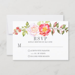 Pink Watercolor Knockout Roses Greenery RSVP Card