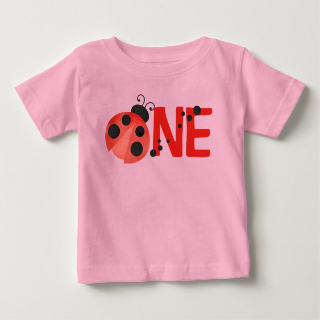 Pink Watercolor Ladybug ONE 1st Birthday T-Shirt (Front)