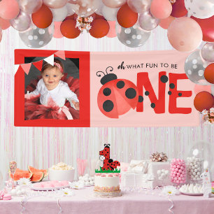 Pink Watercolor Ladybug What Fun ONE Photo Party Banner