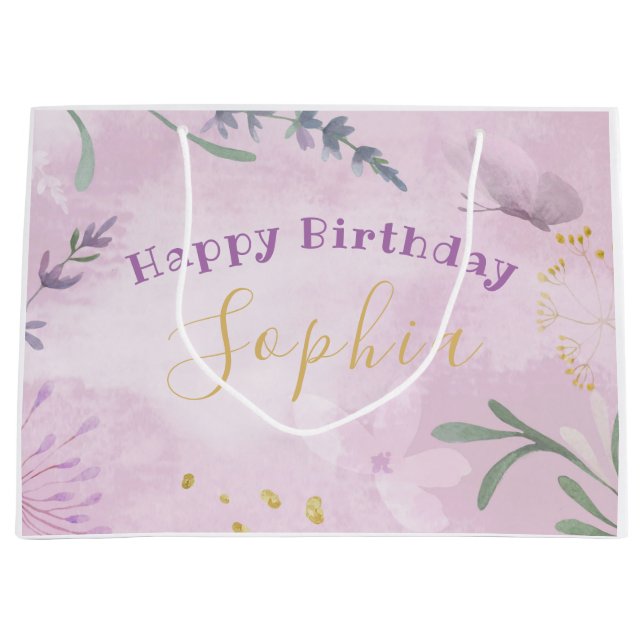 Pink Watercolor Lavender Flowers Gift Bag (Front)