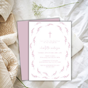 Pink Watercolor Leaves Frame Cross Girl Baptism Invitation