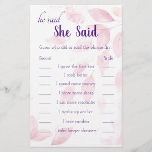 Pink Watercolor Leaves He Said She Said Game Card