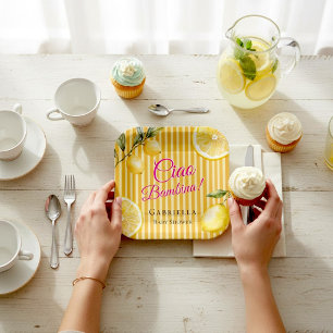 Pink Watercolor Lemon Ciao Bambina Baby Shower Paper Plate