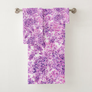 Pink watercolor lilac flowers bath towel set