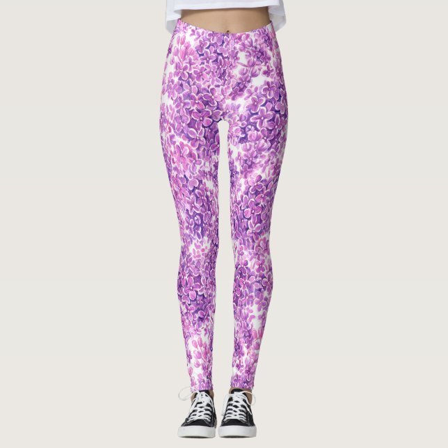 Pink watercolor lilac flowers leggings (Front)
