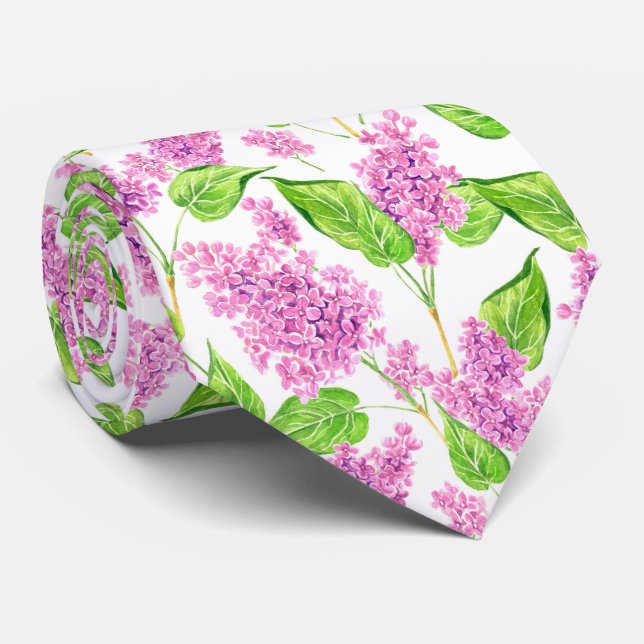 Pink watercolor lilac flowers neck tie (Rolled)
