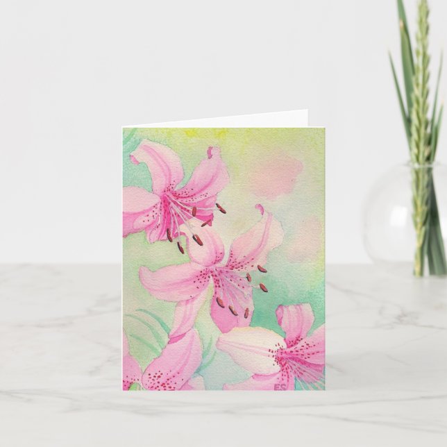 Pink Watercolor Lily - Blank Greeting Card (Front)