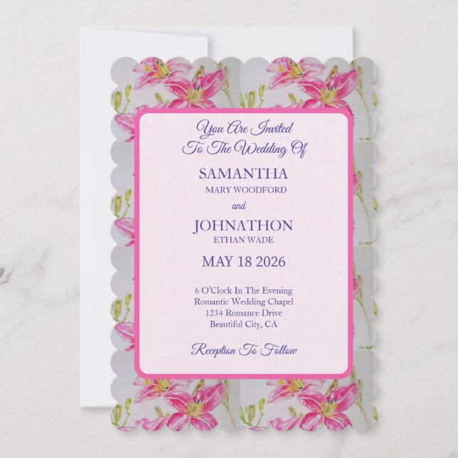 Pink Watercolor Lily Flower Wedding Invitation (Front)