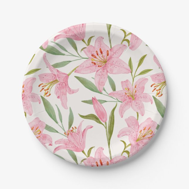 Pink Watercolor Lily Flowers Botanical Paper Plate (Front)