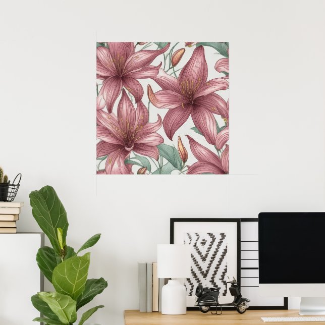 Pink Watercolor Lily Flowers Poster (Home Office)