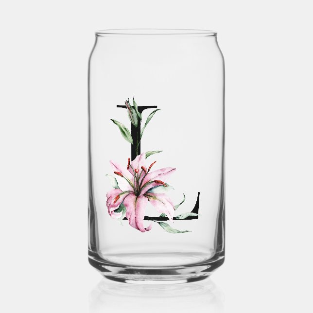 Pink Watercolor Lily Monogram Can Glass (Front)