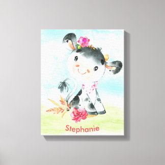 Pink Watercolor Little Cow Canvas Print