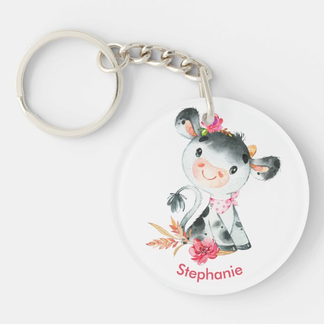 Pink Watercolor Little Cow Key Ring (Front)