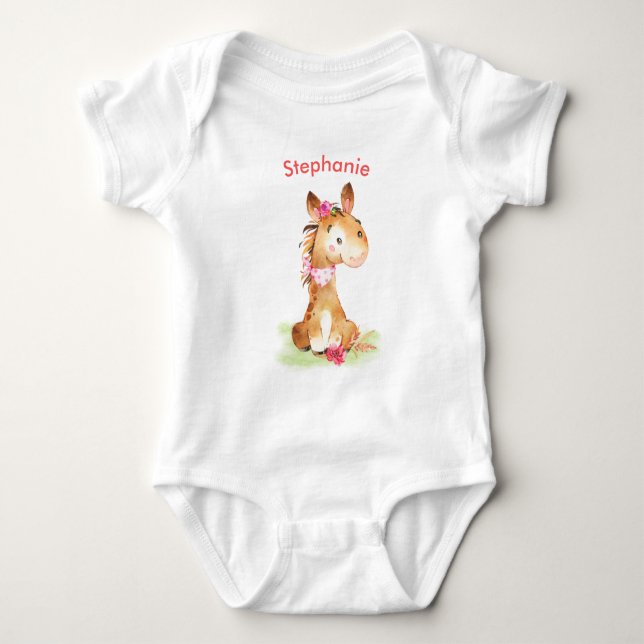 Pink Watercolor Little Horse Baby Bodysuit (Front)