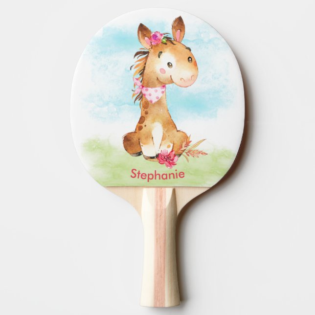 Pink Watercolor Little Horse Ping Pong Paddle (Back)