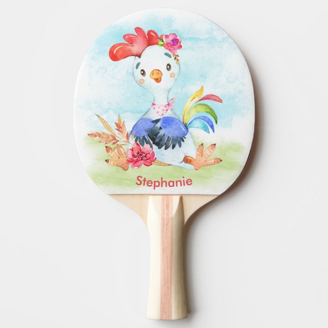 Pink Watercolor Little Rooster Ping Pong Paddle (Front)
