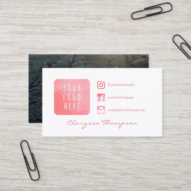 Pink Watercolor Logo & Photo Social Media Business Card (Front/Back In Situ)