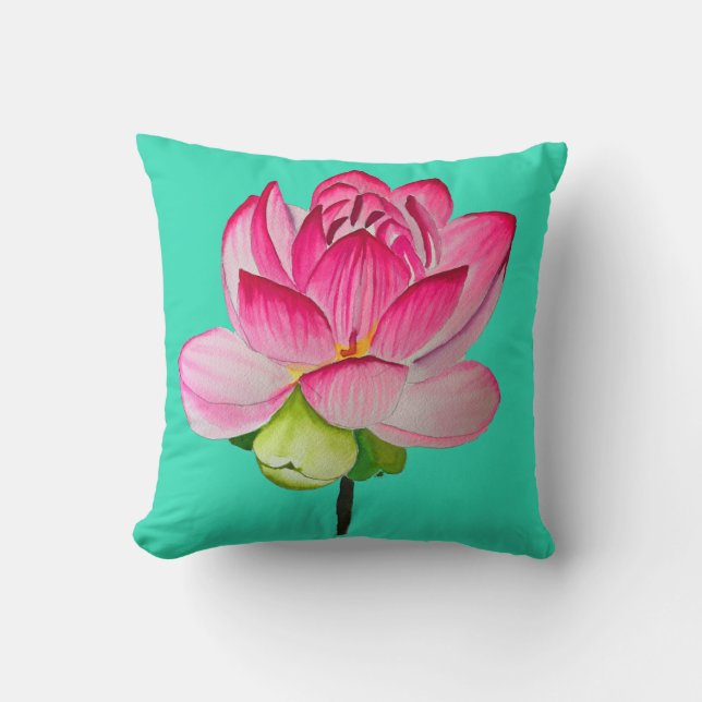 Pink watercolor lotus flower fine art cushion (Front)