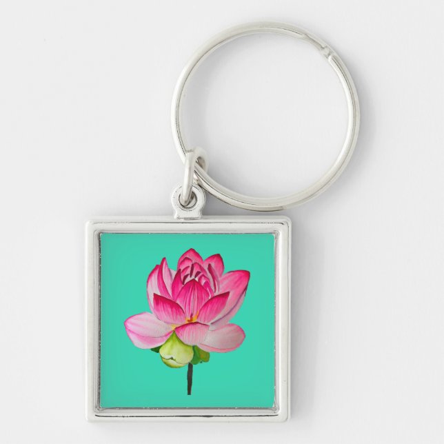 Pink watercolor lotus flower fine art key ring (Front)