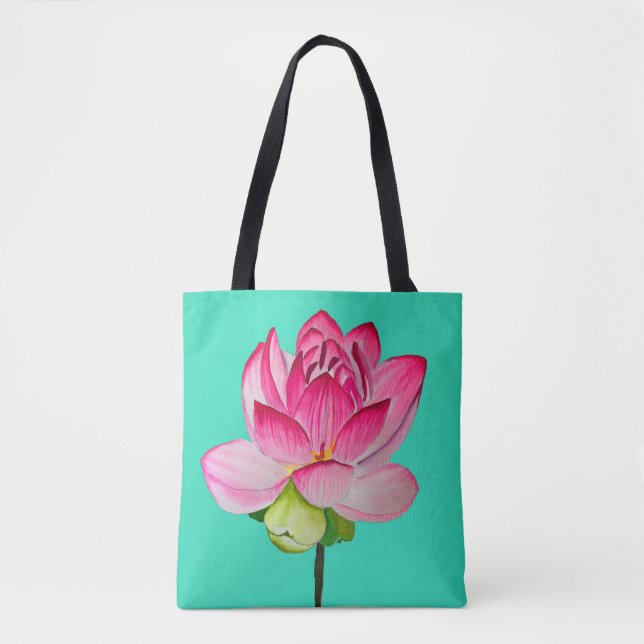 Pink watercolor lotus flower fine art tote bag (Front)