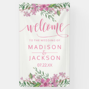 Pink Watercolor Love Blossoms Wedding Welcome Banner