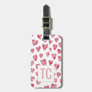 Pink Watercolor Love Heart Monogram Honeymoon Luggage Tag