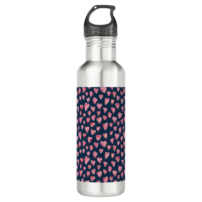 Pink watercolor love heart pattern 710 ml water bottle (Front)